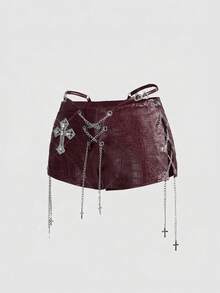 ROMWE Grunge Punk 女士复古辣妹机车风PU露背吊带背心和超低腰迷你紧身短裤两件套 - 酒紅色 - 查看 9