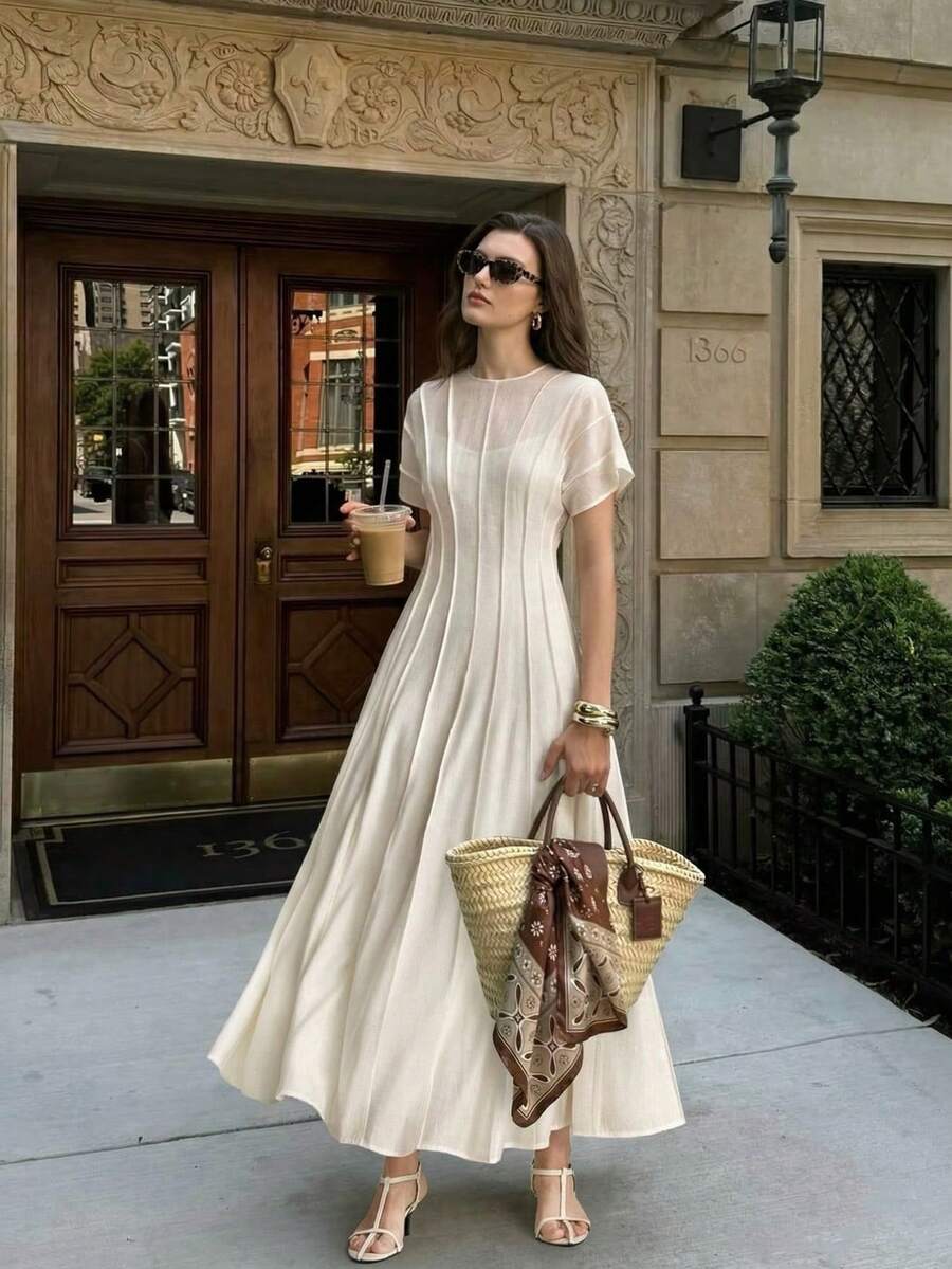 Ontre 2026新款早春粉色褶皱缎面系带连衣裙，适合现代都市派对、返校季、婚礼、都市简约休闲日常穿着、波西米亚风、度假、节日、春季等场合。 - 淺粉色 - 查看 1