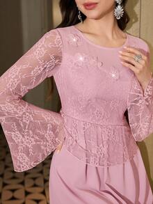 Modelyn Spring & Summer Pink Round Neck 3D Floral Lace Patchwork Flare Sleeve Dress, Elegant For Women - Pink - View 9