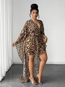Maweii Plus Size Women Leopard Print Deep V-Neck Ruffle Hem Sexy Dress Fall - Brown - View 4