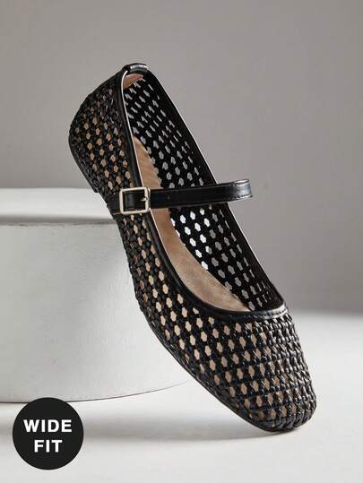 SHUZIA 女士宽楦休闲编织PU方头舒适玛丽珍芭蕾平底鞋