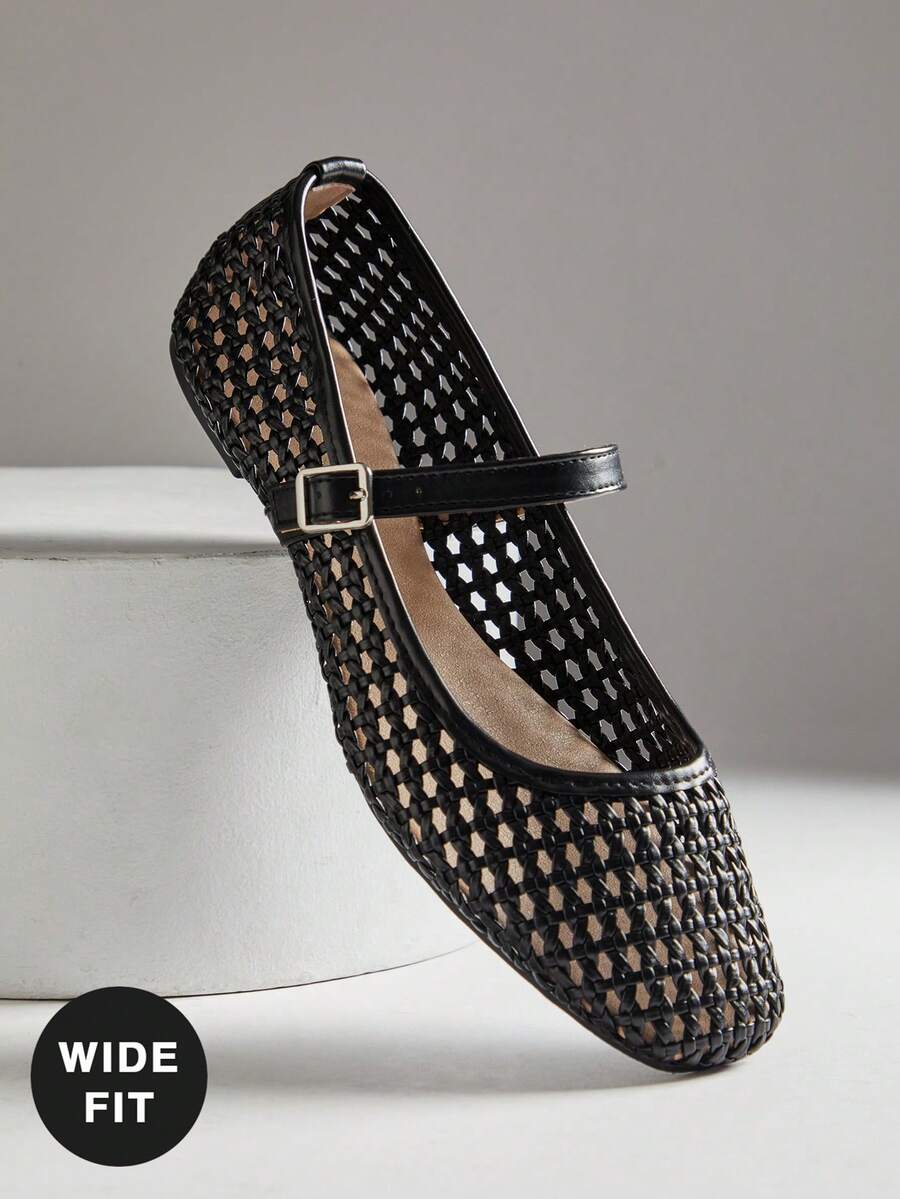 SHUZIA 女士宽楦休闲编织PU方头舒适玛丽珍芭蕾平底鞋 - 黑色 - 查看 1