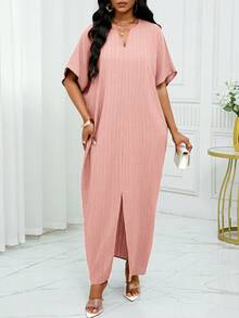 SHEIN Lady 女士纯色 V 领蝙蝠袖短袖开衩下摆休闲连衣裙 - 粉色 - 查看 3