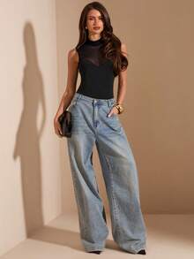 SHEIN BAE Áo liền thân không tay cổ cao màu đen xuyên thấu, áo liền thân màu đen thanh lịch, đồ bơi - màu đen - Xem 3
