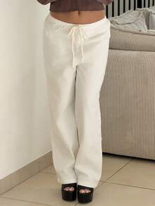 IamThia Quần ống đứng lưng rút dây dệt màu trắng cho nữ - trắng - Xem 4