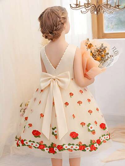 Glamorique Kids Tween Girl Champagne Formal Dress, Sleeveless Satin Dress With Mesh, Embroidery, V-Back, Handmade Beaded Big Bow, Floral Embroidery, Children's Birthday Party Wedding Guest Dress, Holiday Princess Dress