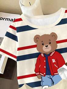 3pcs/Set Toddler Boys' Cartoon Bear Print Striped Short Sleeve T-Shirt,Casual White Graphic Tee,Summer Back-To-School,Carrer Day,Versatile Cute Tee - Multicolor - View 4