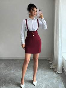 SHEIN Elenzya 吊带腰身修身半身裙，饰有纽扣，优雅浪漫精致的女士铅笔裙，简约百搭，适合工作、通勤和休闲外出。 - 酒紅色 - 查看 6