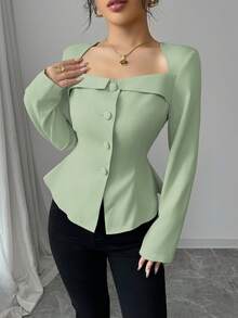 Selianne Women's Elegant Sage Green Long Sleeve Blouse,Autumn Office Work Blouses,Trapezoid Square Collar Front Button Waistline Decor A-Line Business Tops - Mint Green - View 6