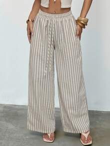 SHEIN PETITE Women's Casual Loose Striped Wide-Leg Pants Baggy,Striped Long Pants With Drawstring Waist For Spring/Summer, Casual And Sporty, Versatile, High-Quality, Colorful, White. - Multicolor - View 8