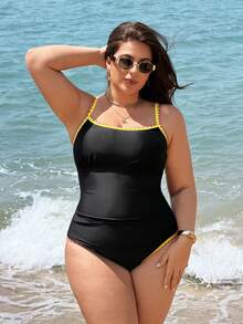 Swim Lushoire 2026 Plus Size Women's One-Piece Swimwear, Neon Color Tummy Control Swimdress, 2 Pieces Swimwear Set - Black - View 3