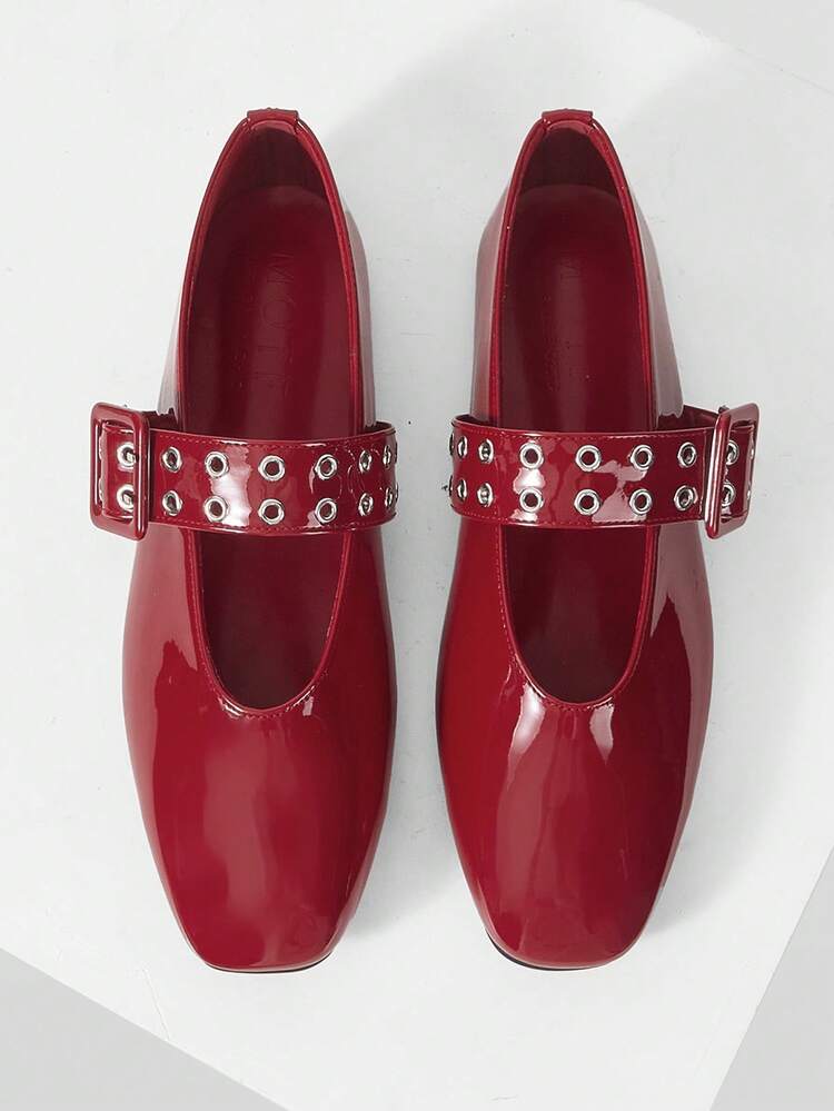WOMEN SHOES NEW FRENCH RETRO FASHION RED PU LEATHER DOUBLE-BREASTED RIVET BUCKLE SQUARE TOE FLAT-SOLED SHOES, COMFORTABLE AND VERSATILE, LIGHT AND NOT TIRED FEET, SIMPLE ATMOSPHERE, CASUAL AND HIGH-END FOREIGN MARY JANE SHOES