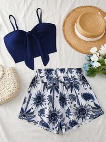 Selianne Women's Summer Vacation Floral Print Camisole & Shorts 2 Pieces Set - Blue - View 4
