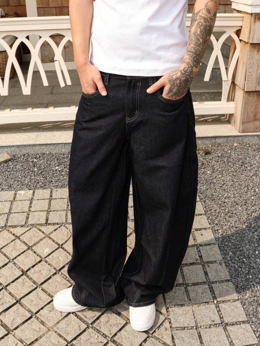 Manfinity EMRG 男士深蓝色水洗喇叭裤休闲宽松阔腿牛仔裤 - 深色水洗藍 - 查看 1