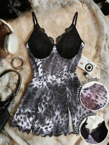 INAWLY Vestido de tirantes con escote en V, volantes y parches con estampado de leopardo - Negro - Ver 1