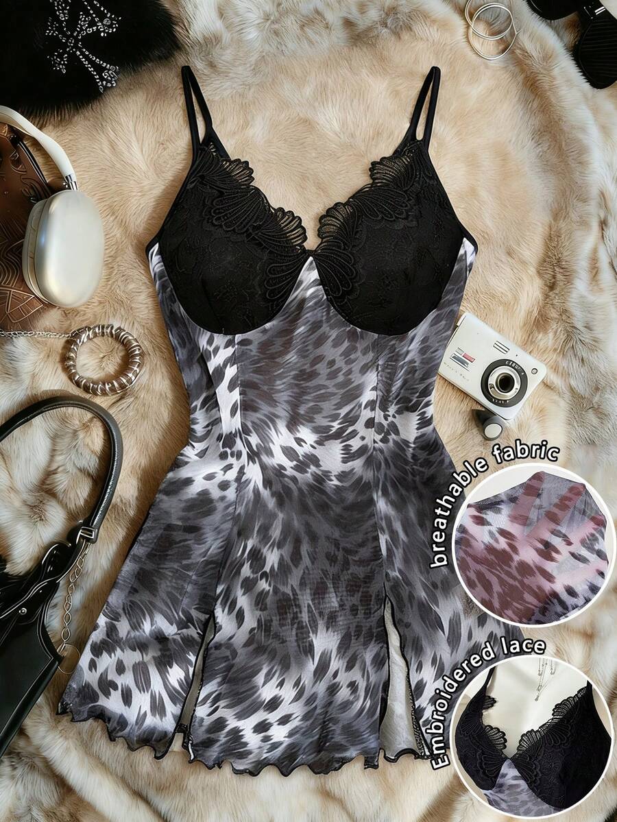 INAWLY Vestido de tirantes con escote en V, volantes y parches con estampado de leopardo - Negro - Ver 1