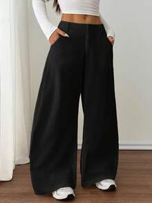 SHEIN PETITE Women's Casual Wide Leg Flare Pants - Black - View 4