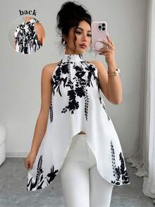 SHEIN Raffinéa 女士不对称下摆印花露背吊带衫 - 黑與白 - 查看 1