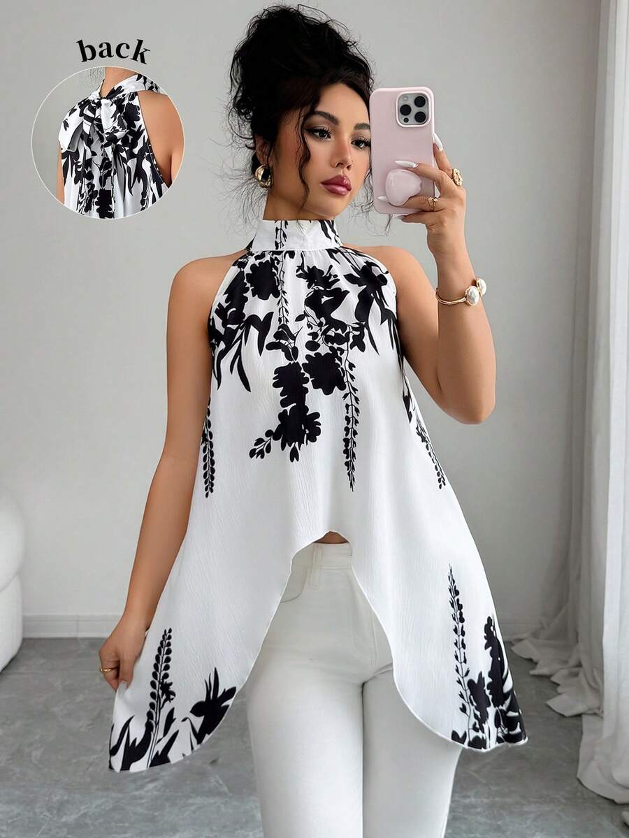 SHEIN Raffinéa 女士不对称下摆印花露背吊带衫 - 黑與白 - 查看 1