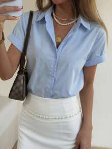 DAZY Casual Commuting Minimalist Blue Elegant Slimming Shirt For Women Summer - Blue - View 4