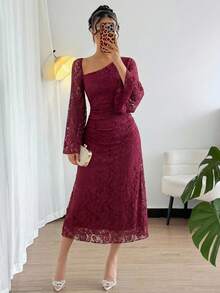 Women's Elegant Lace Asymmetric Ruched Long Dress, Spring/Summer Valentine's Day Wedding Guest Dress Sundress - Red - View 7