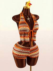 Amplova Deep V-Neck Halter Tie-Front Striped Crop Top And Super Low-Rise Mini Shorts 2 Pieces Set - Orange - View 8