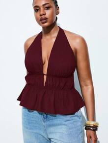 Maija Plus Size Women Solid Color Backless Halter Neck Top,Burgundy,Summer,Classy,Night Out Club Ruched V-Neck Camisole Spaghetti Strap Elegant Blouses - Burgundy - View 1
