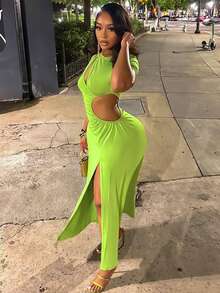 Glyssa 女士不对称镂空褶皱高开衩腰部镂空修身连衣裙，时尚闪亮新年派对夜店装，薄荷绿 - 薄荷綠 - 查看 2