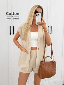 Easowa 100%纯棉休闲宽松优雅通勤套装 - 马甲西装外套和阔腿短裤，春夏女装 - 杏色 - 查看 2