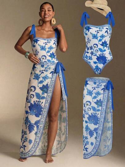 Swim Oasis Women's Summer Vacation Floral Print One-Piece Swimsuit And Cover-Up Skirt Set