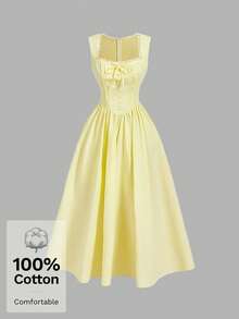 SHEIN MOD 黄色棉质纽扣饰边方领连衣裙 - 淡黃色 - 查看 3