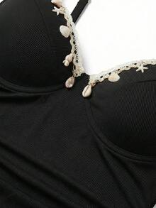 Sweetra CURVE Đồ bơi liền thân có gọng hỗ trợ cỡ lớn, vải dệt gân màu đen, khoét lưng, trang trí hình sao biển và vỏ sò, thích hợp cho kỳ nghỉ biển vào mùa hè - màu đen - Xem 3