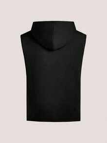 Men Plain Casual Drawstring Hooded High Low Hem Sleeveless Tank Top, For Boyfriend Gift, Going Out - Black - View 2