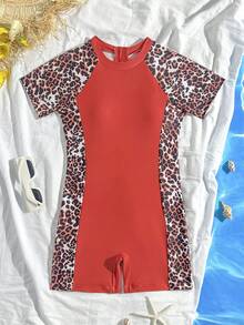 SHEIN 女童豹纹撞色拉链后背插肩袖连体泳衣，适合冲浪、运动、夏季、海滩、泳池、度假 - 彩色 - 查看 2