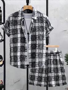 Manfinity Homme Conjunto de camisa de manga corta con un solo pecho a cuadros y pantalones cortos para hombre - Multicolor - Ver 4
