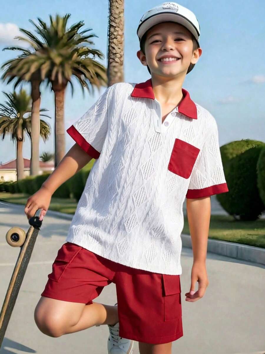 SHEIN 2pcs Young BoySummer Textured Striped Polo Shirt And Cargo Pants Set - Red - View 1