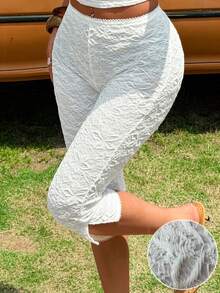 SHEIN EZwear 杏色纹理针织女式七分裤 - 白色 - 查看 1