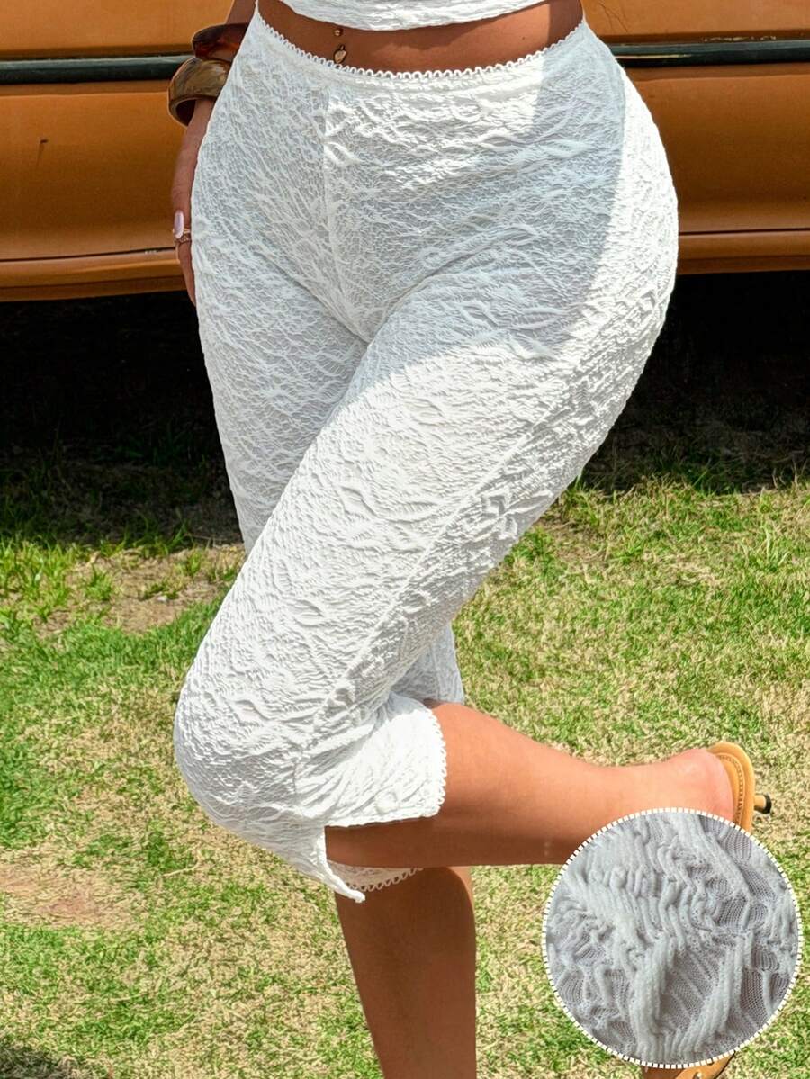 SHEIN EZwear 杏色纹理针织女式七分裤 - 白色 - 查看 1