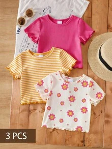 SHEIN 3件套女婴（6个月-2-3岁）甜美活力/清新少女风罗纹面料+花卉条纹印花+荷叶边短袖T恤，轻盈可爱，适合日常穿着、上学、生日派对、野餐、女婴节、春夏秋季等场合。 - 彩色 - 查看 6