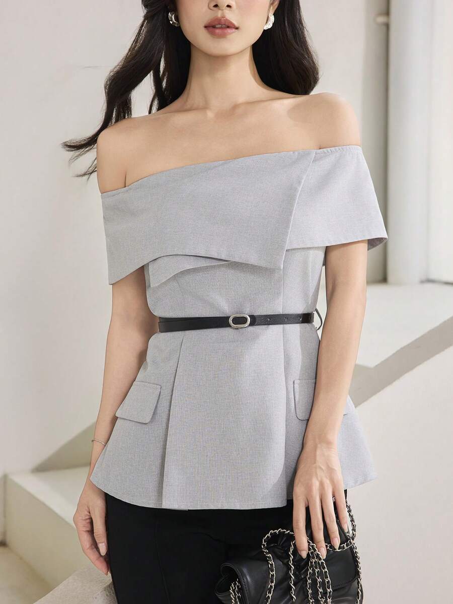Heiryn Áo kiểu trễ vai thanh lịch có thắt lưng, thích hợp cho công sở. - Xám - Xem 1