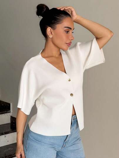 Milla Jasmine 女士休闲薄款单排扣金属纽扣开衫，短袖，适合秋季