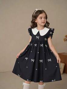 SHEIN Elladie kids 女童优雅黑色蝴蝶结印花喇叭袖荷叶领高腰A字公主裙，适合旅行、度假、派对、生日礼物、夏季 - 黑色 - 查看 8