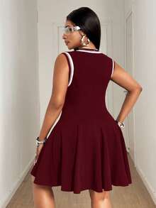 Maweii Plus Size Women Striped V-Neck Casual Sleeveless Dress - Burgundy - View 6
