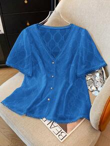 SHEIN LUNE Plus Size Elegant Jacquard Knit Lace Trim Casual Commuter Jacket & Pants Set, Suitable For Party, Afternoon Tea, Spring & Summer - Blue - View 3