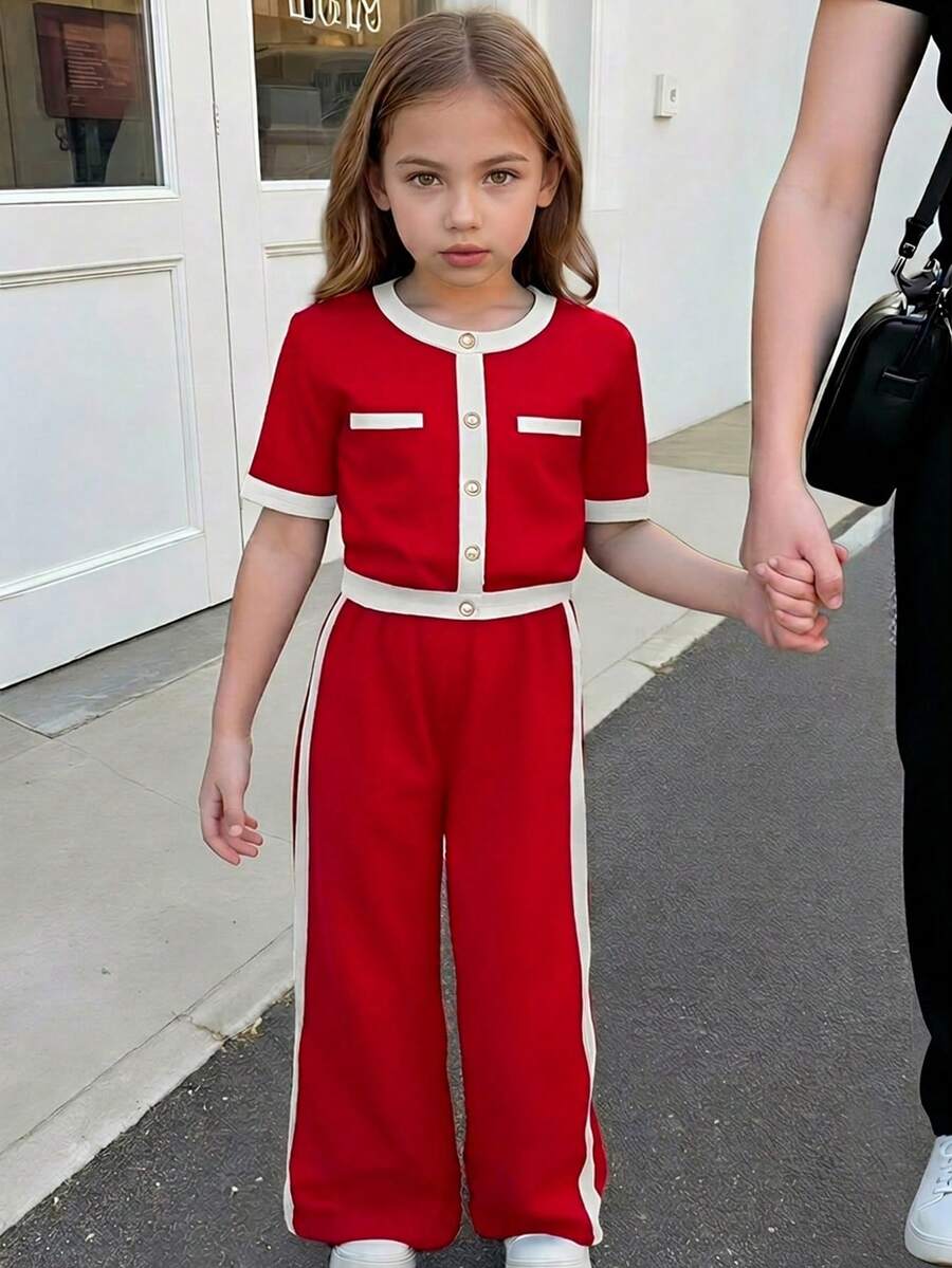 SHEIN 两件套少女休闲正式优雅返校套装,黑白撞色珍珠纽扣衬衫搭配直筒撞色长裤,返校季必备,少女风穿搭 - 紅色 - 查看 1