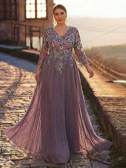 Serin Plus Size Elegant Romantic Purple Deep V Sheer 3/4 Sleeve Waist Applique Luxury Embroidered Patchwork Chiffon A-Line Dress, Suitable For Wedding, Party, Celebration, Bridal Mother Gown