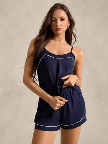 Women's British Style Navy Blue Contrast Trim Camisole & Shorts Pajama Set - Navy Blue - View 6