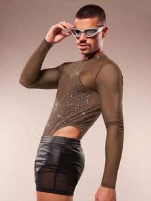 FeverCity Bộ jumpsuit dài tay gợi cảm dành cho nam, họa tiết bóng bẩy, phối lưới tương phản. - Cà phê nâu - Xem 4