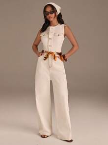 Athîral Mono vaquero de verano casual para mujer con botones y media cartera en unicolor - Blanco - Ver 3