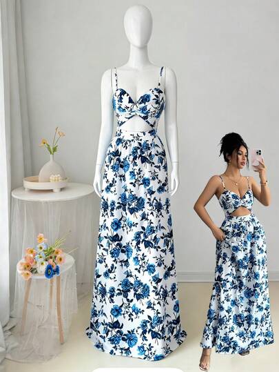 SHEIN Elenzya Elegant Women's White Base Blue Floral Print Long Strap Maxi Dress, Waist Cutout Design, Bra Cup Shaping, Back Lace-Up Waist Design, Casual Vacation Beach Dress For Daily Outing, Dating, Holiday